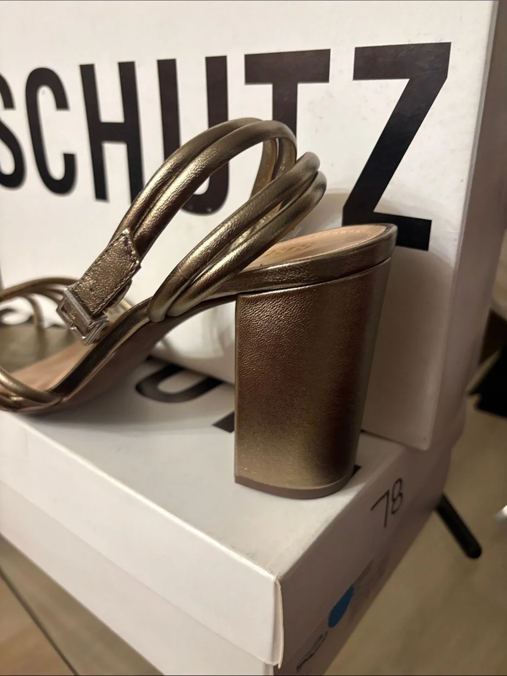 SCHUTZ Bronze Metallic Strappy Block Heel Sandals #77